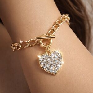 Elegant Gold Tone Sparkling Crystal Heart Pendant 8" Bracelet - Women's Jewelry